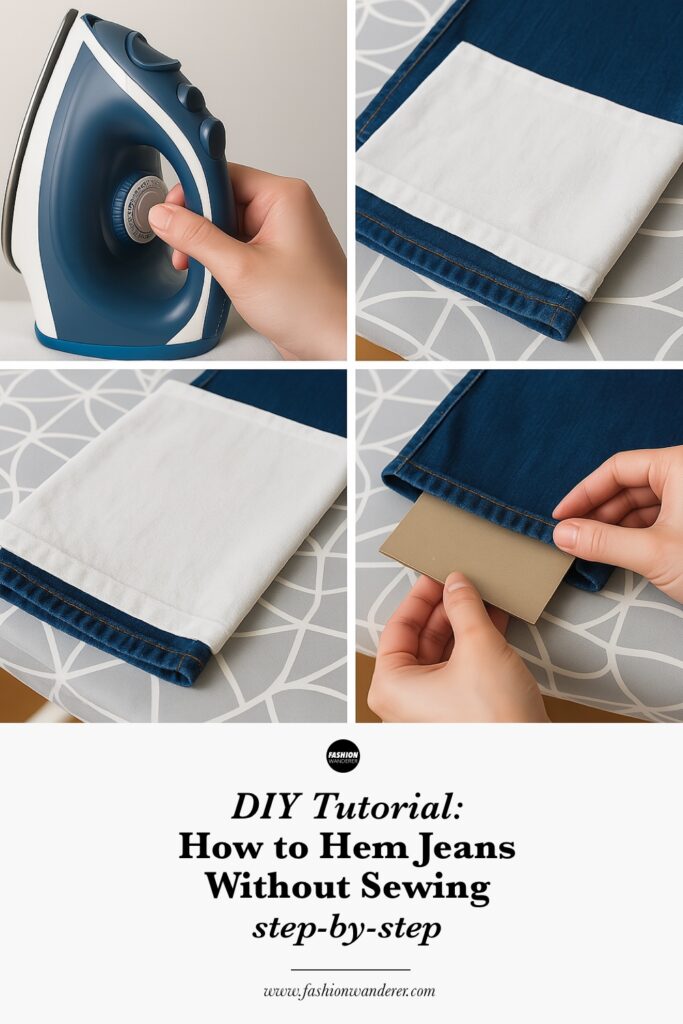 Step-by-step collage showing how to hem jeans without sewing using fusible hemming tape, trimming excess fabric, and pressing with an iron for a clean DIY finish.