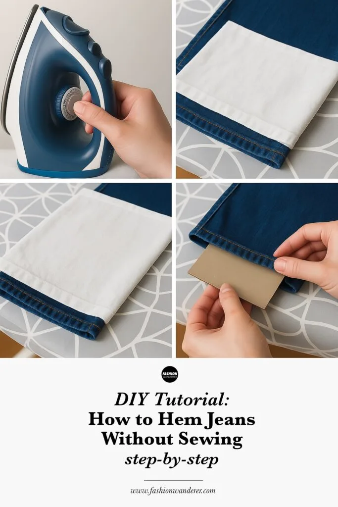 Step-by-step collage showing how to hem jeans without sewing using fusible hemming tape, trimming excess fabric, and pressing with an iron for a clean DIY finish.