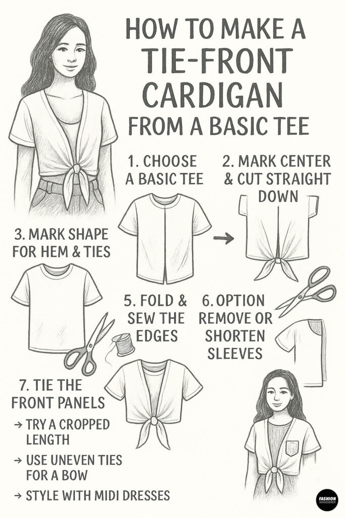 Black and white hand-drawn infographic titled "How to Make a Tie-Front Cardigan from a Basic Tee." It features step-by-step illustrated instructions including: 1. Choose a basic tee. 2. Mark center and cut straight down the front. 3. Mark the shape for hem and ties. (Illustration of cutting along lines.) 4. Fold and sew the edges. 5. Optionally remove or shorten sleeves. 6. Tie the front panels with styling tips: try cropped length, use uneven ties for a bow, style with midi dresses. Two sketches of women wearing the finished tie-front cardigan complete the infographic.
