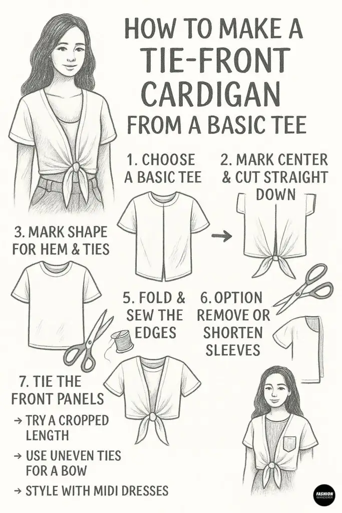 Black and white hand-drawn infographic titled "How to Make a Tie-Front Cardigan from a Basic Tee." It features step-by-step illustrated instructions including: 1. Choose a basic tee. 2. Mark center and cut straight down the front. 3. Mark the shape for hem and ties. (Illustration of cutting along lines.) 4. Fold and sew the edges. 5. Optionally remove or shorten sleeves. 6. Tie the front panels with styling tips: try cropped length, use uneven ties for a bow, style with midi dresses.
Two sketches of women wearing the finished tie-front cardigan complete the infographic.