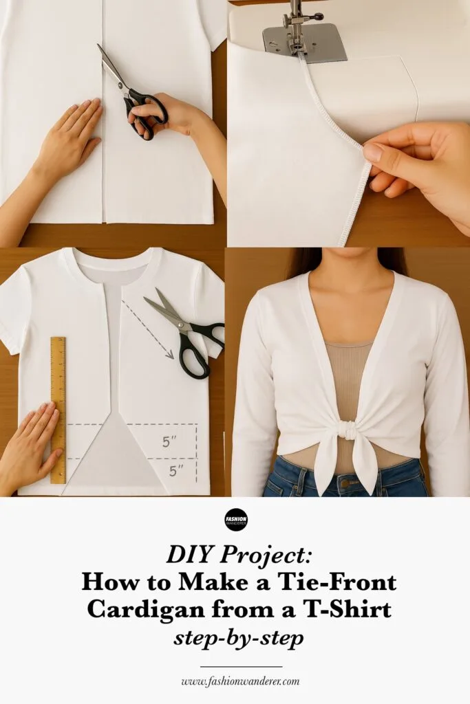 tutorial to Make a DIY Tie-Front Cardigan from a Basic t-shirt.