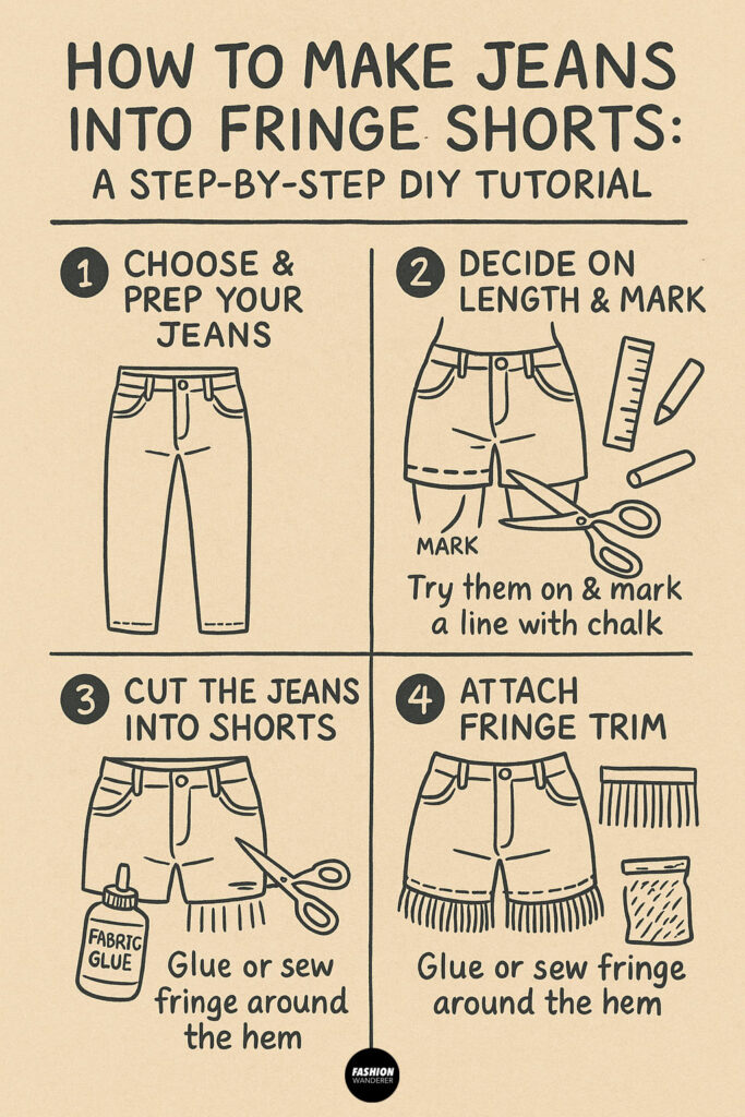 Black and white illustrated infographic showing 4 easy steps to turn jeans into fringe shorts.