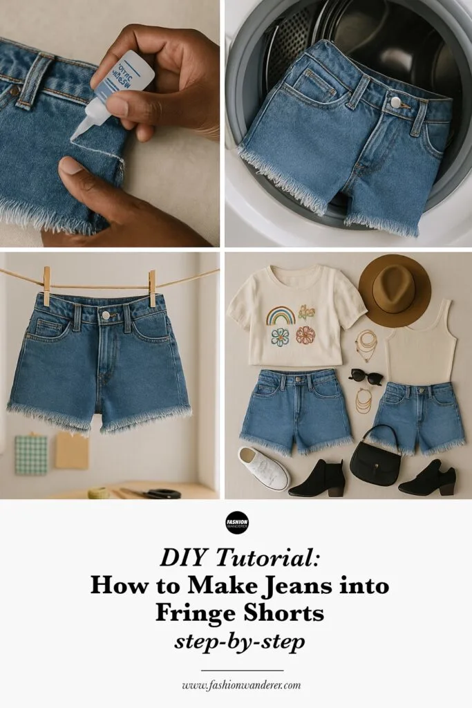 Step-by-step visual collage showing how to turn old jeans into stylish fringe shorts using cutting, chalk marking, fabric glue, and sewing techniques, with final styled outfit and materials included.