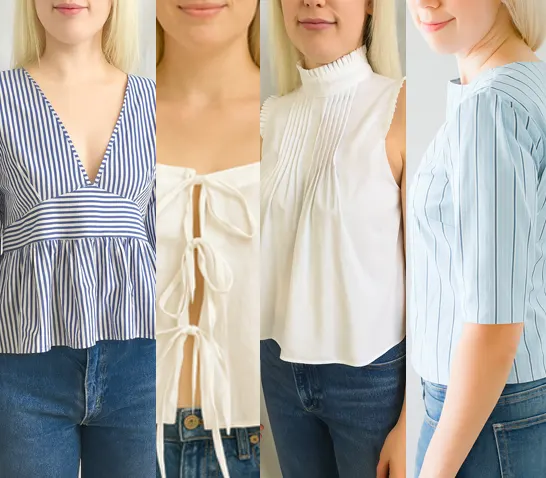 DIY blouse refashion ideas from men’s shirts: striped peplum deep v-neck, tie-front crop top, pleated mock-neck blouse, and relaxed puff sleeve top – elegant no-sew or light-sew wardrobe upgrades.