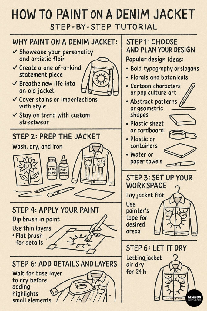 Step-by-step illustrated guide showing how to paint on a denim jacket, from design planning to drying and adding final layers.