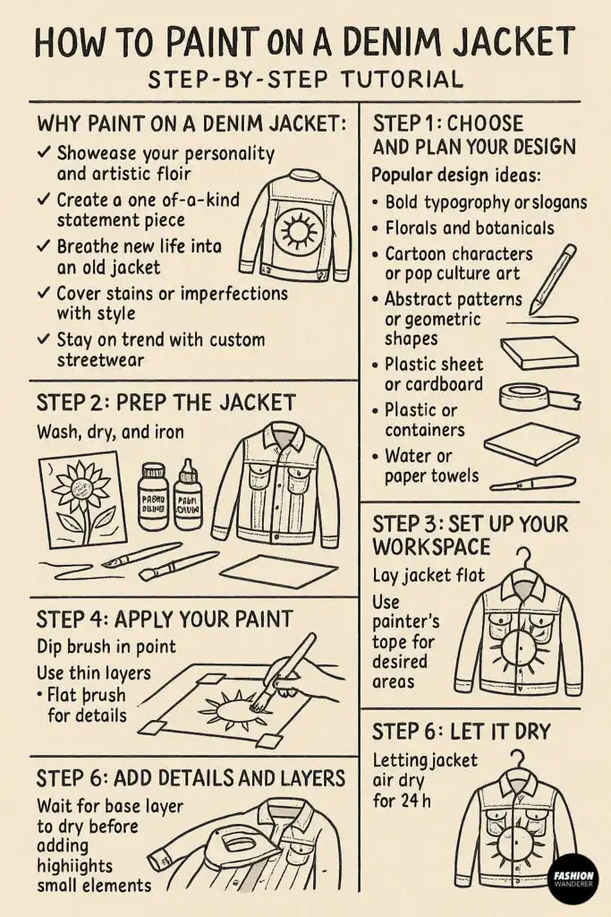 Step-by-step illustrated guide showing how to paint on a denim jacket, from design planning to drying and adding final layers.