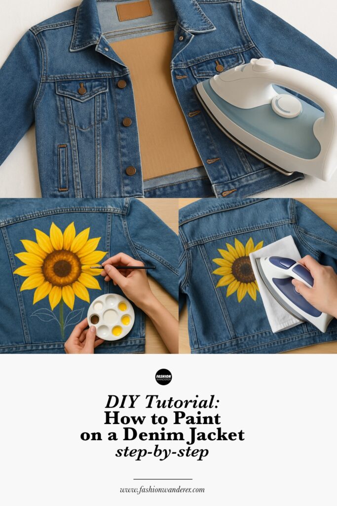 Step-by-step sunflower painting on denim jacket – DIY tutorial collage showing sketching, painting, heat setting, and finished hand-painted sunflower design on the back of a blue jean jacket.