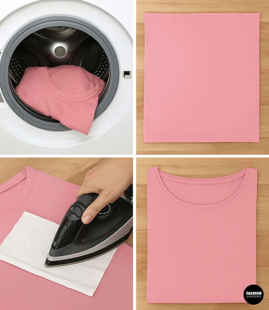 4-panel collage: colored T-shirt in a washing machine, pink T-shirt air-dried flat, iron heat-setting over a pressing cloth, and final smooth T-shirt with crisp neckline.