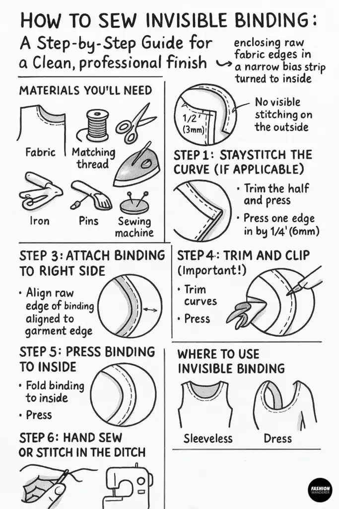 Black and white illustrated infographic explaining how to sew invisible binding with labeled steps, materials, and where to use the technique on garments.
