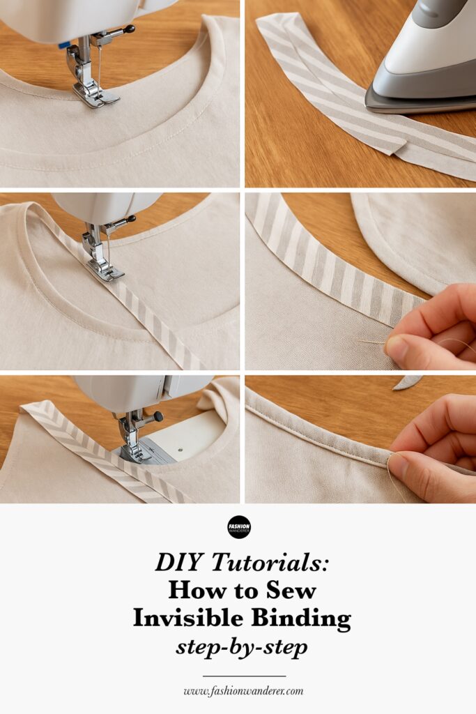 Step-by-step collage tutorial showing how to sew invisible bias binding on a tank top, from cutting fabric strips and gathering supplies to sewing, pressing, and finishing the neckline using machine and hand stitching techniques.