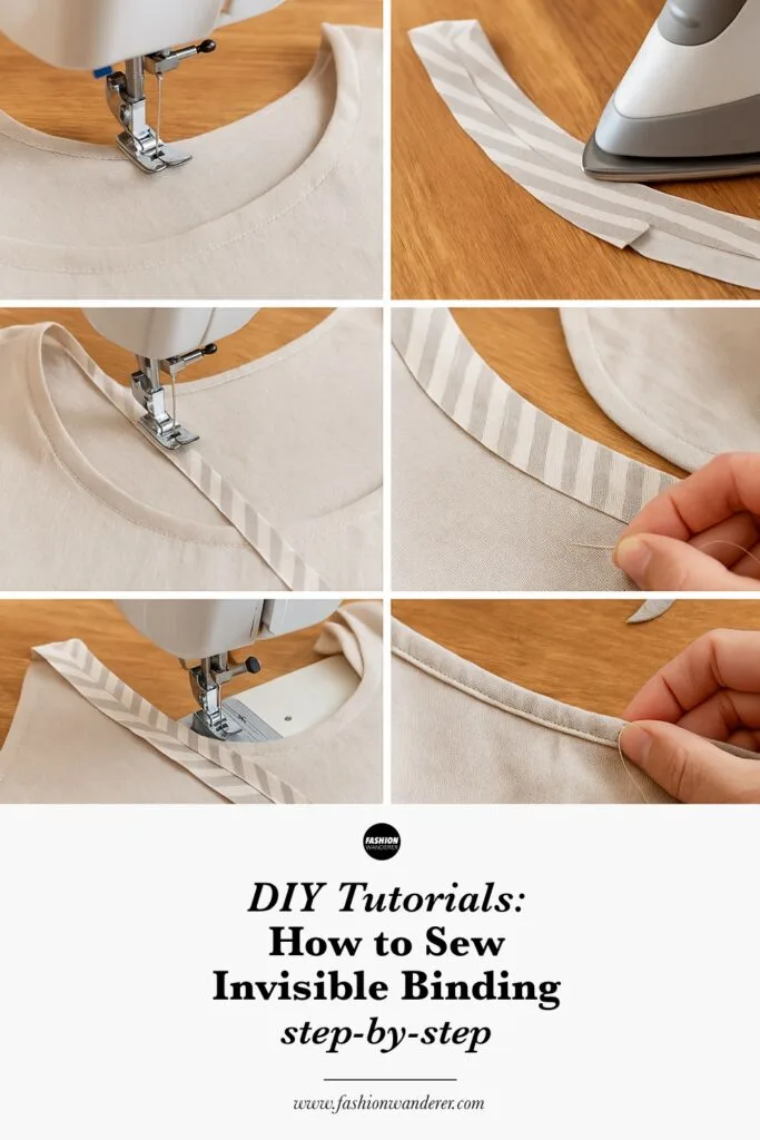 Step-by-step collage tutorial showing how to sew invisible bias binding on a tank top, from cutting fabric strips and gathering supplies to sewing, pressing, and finishing the neckline using machine and hand stitching techniques.