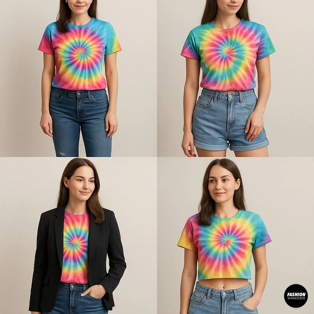 Four stylish outfit ideas showing a woman wearing a rainbow spiral tie dye t-shirt with jeans, shorts, a blazer, and as a cropped top.