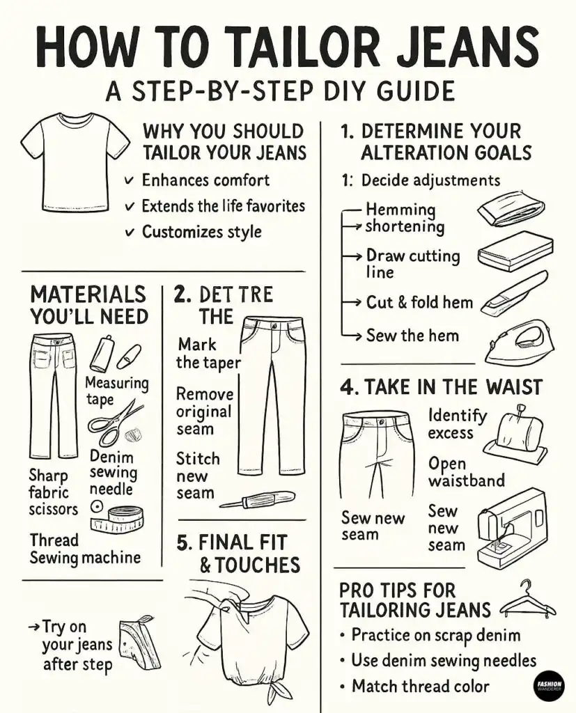 Hand-drawn black-and-white infographic titled &ldquo;How to Tailor Jeans: A Step-by-Step DIY Guide,&rdquo; showing why you should tailor jeans, the materials you&rsquo;ll need (sharp fabric scissors, sewing machine, denim needle, measuring tape, thread), and numbered steps for hemming, tapering, and taking in the waist.