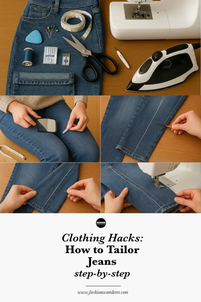 How to Tailor Jeans: A Step-by-Step DIY Guide, showing how to tailor jeans, including materials needed (sharp fabric scissors, sewing machine, denim needle, measuring tape, thread), and steps for hemming, tapering, and taking in the waist.