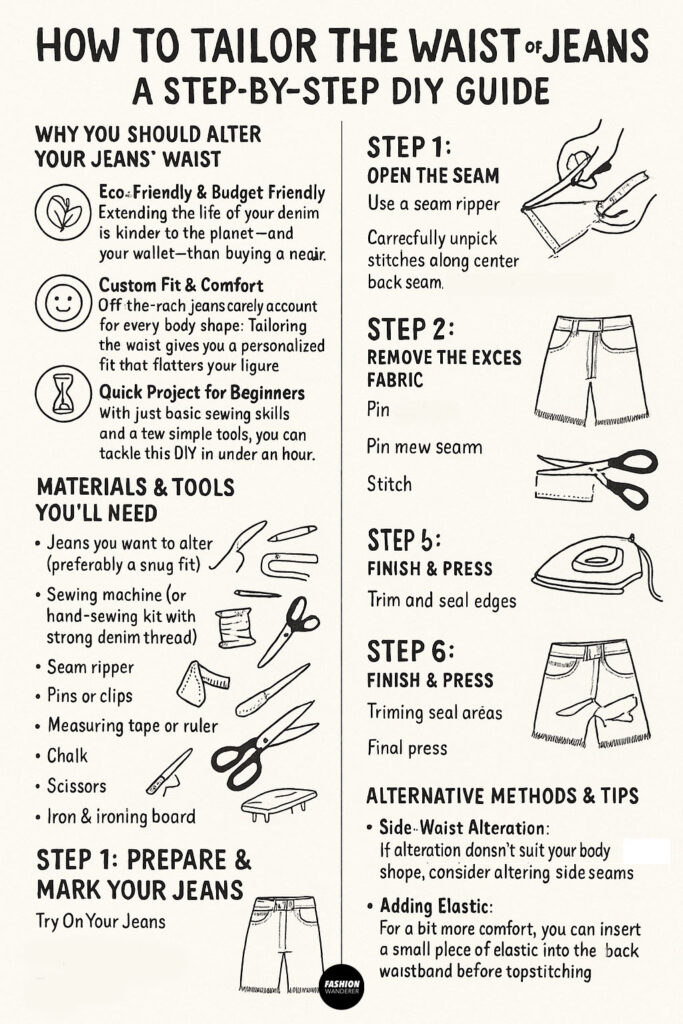 Step-by-step infographic showing how to tailor the waist of jeans at home with tools and instructions