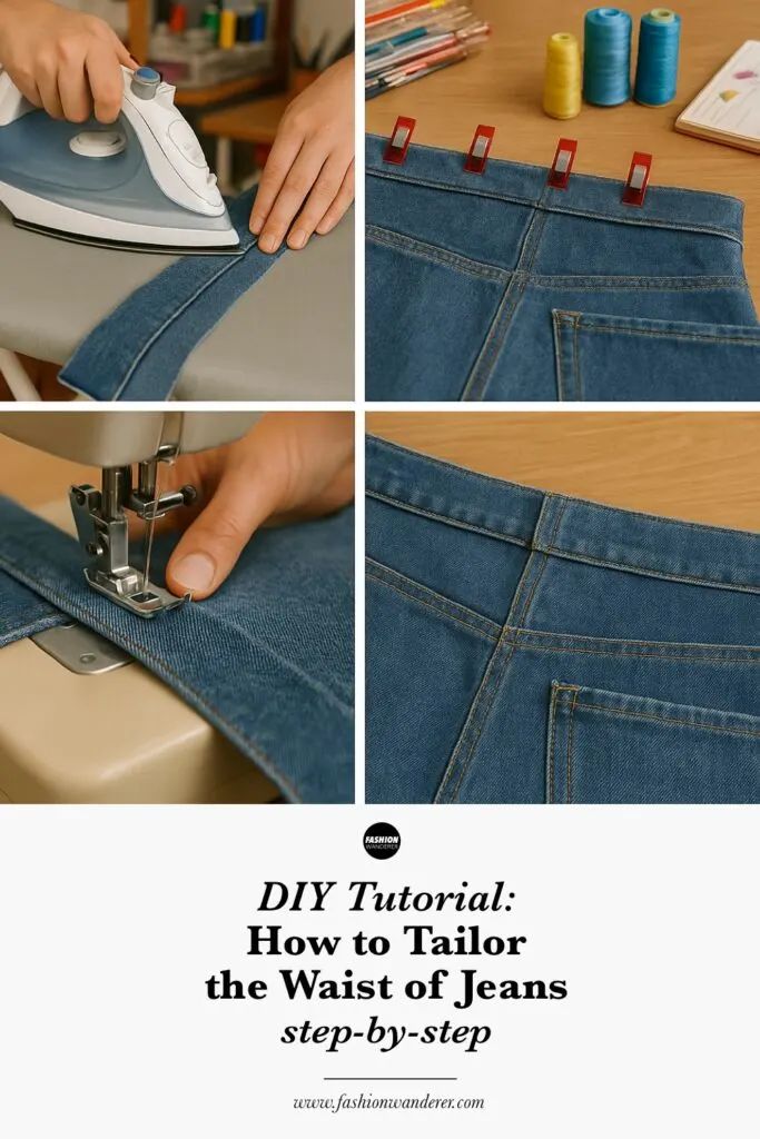 Visual DIY collage showing each step of tailoring the waist of jeans—marking, cutting, pinning, sewing, and finishing with tools like seam ripper, sewing machine, and iron for a professional fit at home