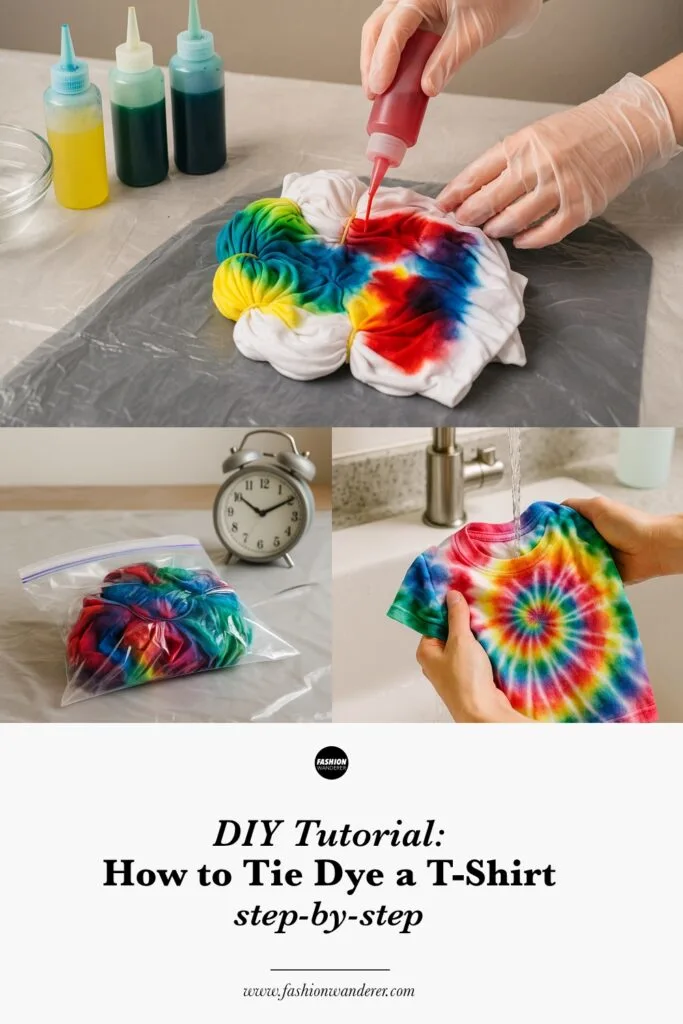 Step-by-step DIY tie dye t-shirt tutorial collage showing supplies, folding techniques, dye application, setting, rinsing, and finished colorful spiral shirt with care and styling tips.