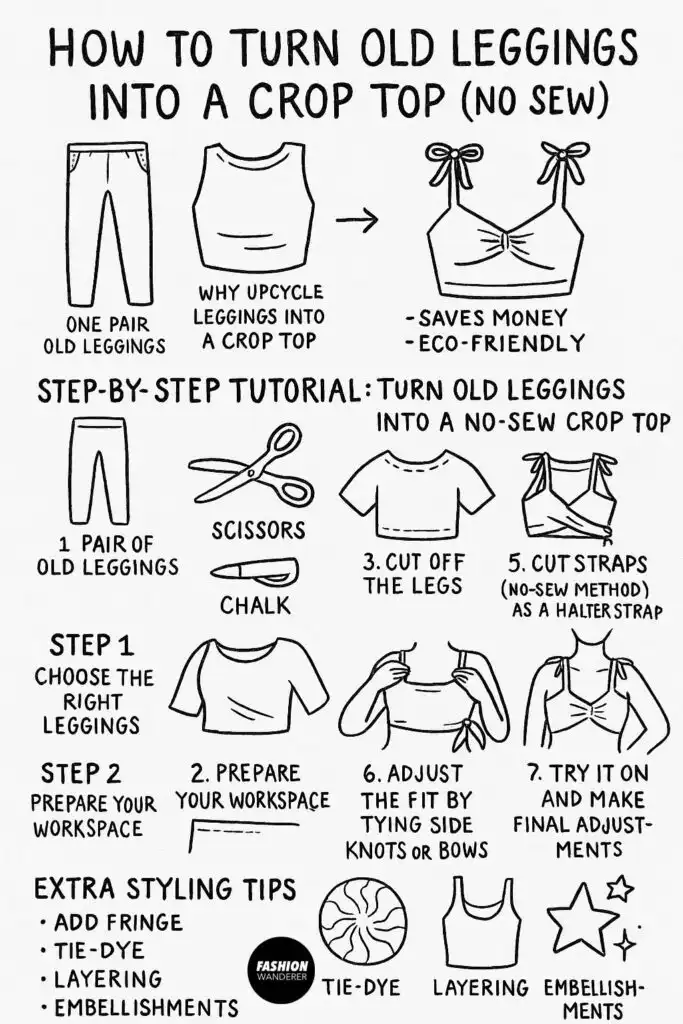 Black and white hand-drawn infographic illustrating how to turn old leggings into a no-sew crop top, including materials needed, step-by-step cutting and tying instructions, and extra styling tips like fringe, tie-dye, layering, and embellishments.