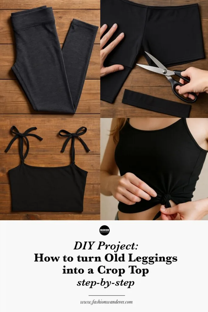 Stylish vertical Pinterest pin with photos showing black and gray leggings, scissors cutting leggings, finished black crop top with shoulder ties, and close-up of woman tying side knot; includes text overlay reading "DIY Project: How to turn Old Leggings into a Crop Top step-by-step" with website fashionwanderer.com at the bottom.