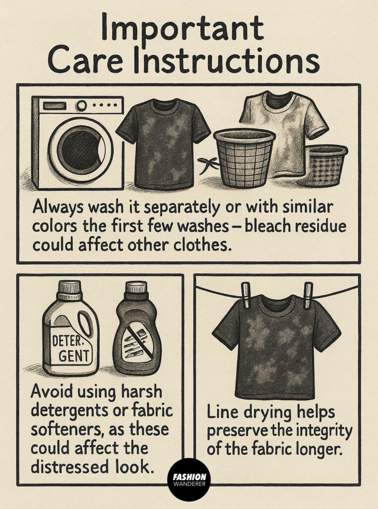 Important care instructions for acid washed t-shirts — illustrated guide advising separate washing, avoiding harsh detergents, and line drying to preserve the distressed bleach effect.