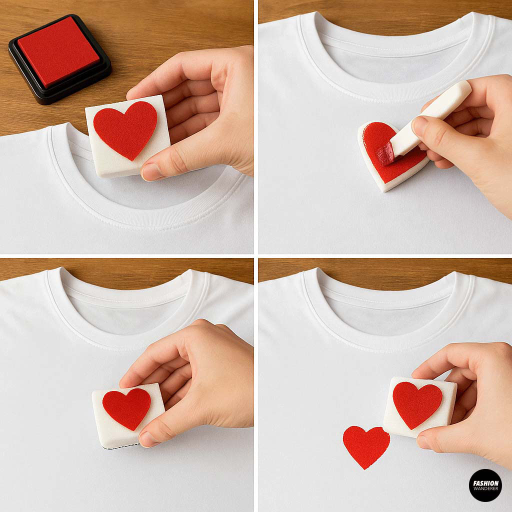 Using a red foam stamp to press heart designs onto a white cotton t-shirt using fabric paint.