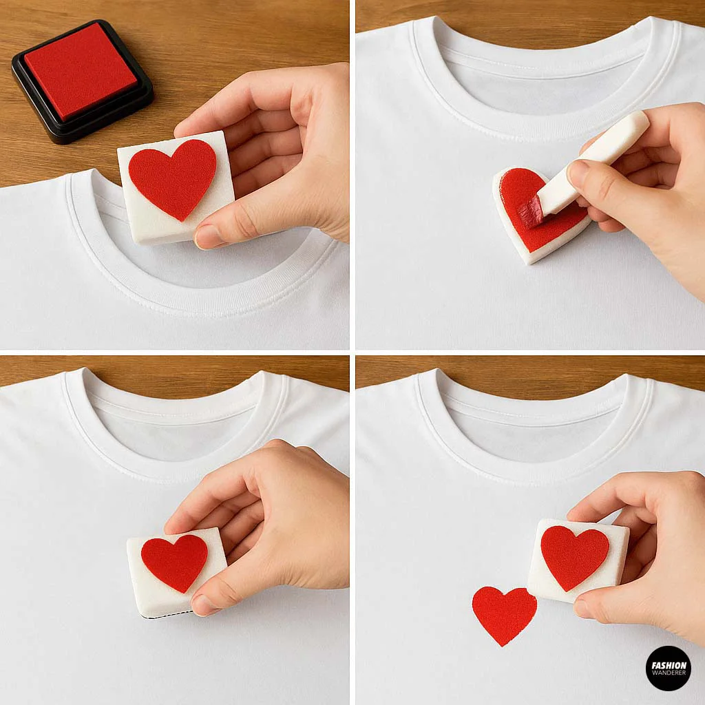 Using a red foam stamp to press heart designs onto a white cotton t-shirt using fabric paint.