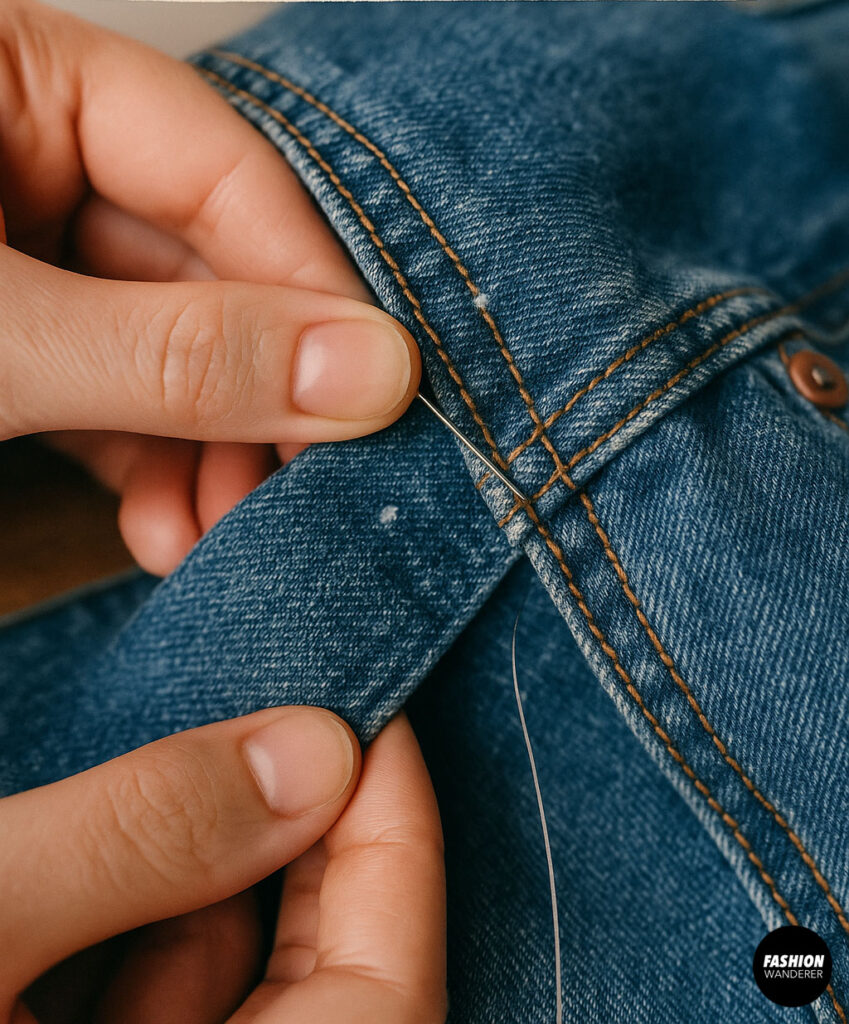 Close-up of hand stitching denim fabric with needle and thread, demonstrating how to insert a needle from the inside for secure hand-sewn embellishments.