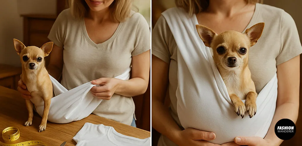 Two images showing a woman placing a small Chihuahua into a white T-shirt sling and the dog comfortably secured in it.