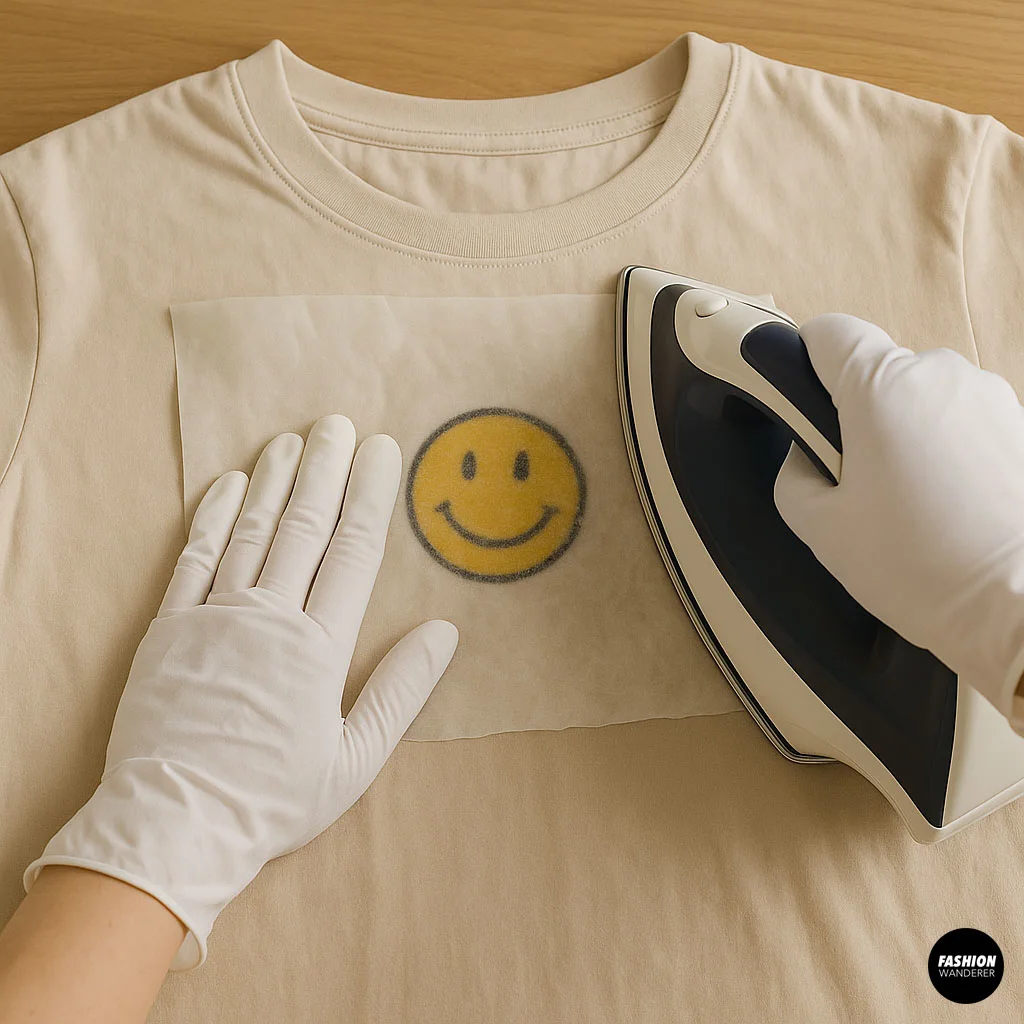 Using an iron and parchment paper to attach a smiley face patch to a beige T-shirt for no-sew mending.
