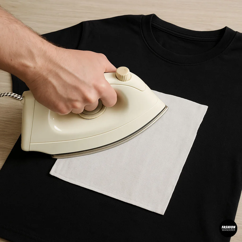 Pressing cloth placed over a fusible patch being ironed onto a black T-shirt to adhere the patch securely without sewing.