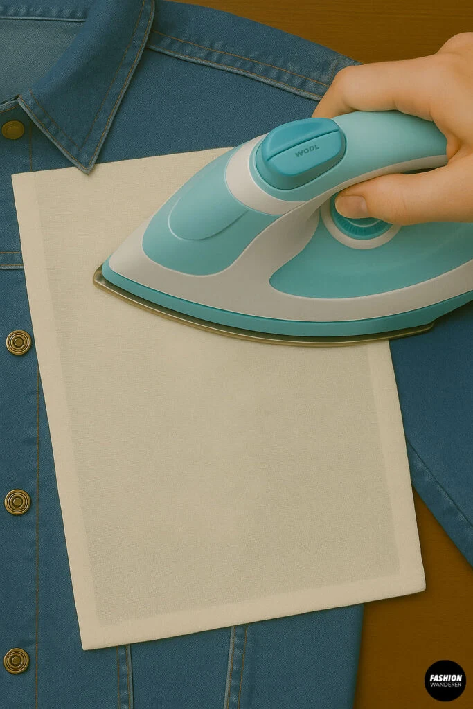 Hand using a turquoise iron over a pressing cloth to secure an appliqué onto a denim jacket.