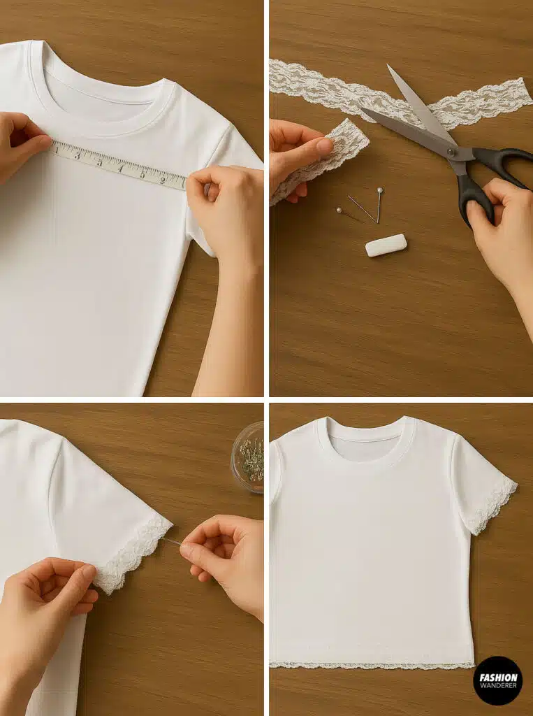 DIY tutorial for adding lace trim to sleeves and hem of a plain white t-shirt — includes measuring, cutting, pinning, and hand-sewing steps for an easy coquette aesthetic upgrade.