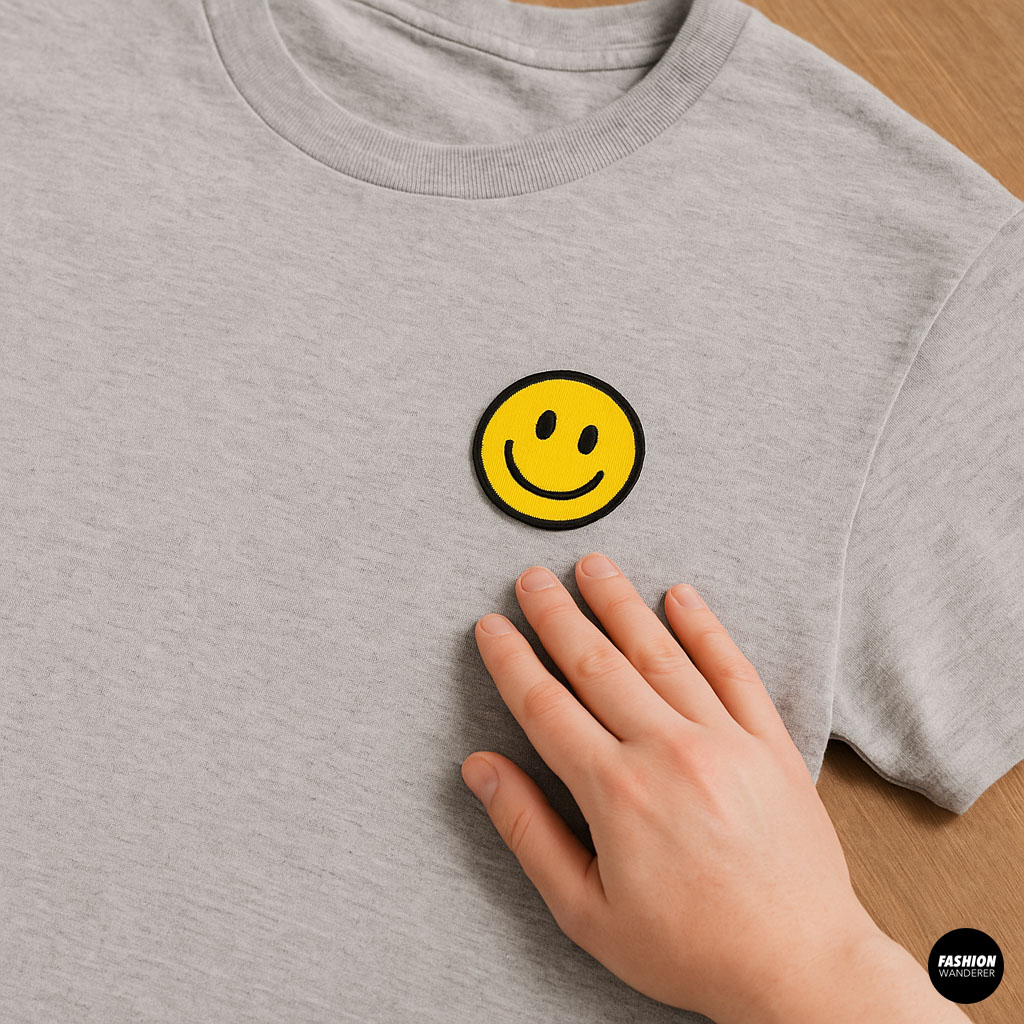 Hand pressing on a finished iron-on smiley face patch adhered to a gray T-shirt.