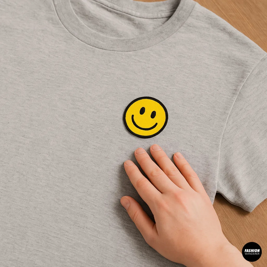 Hand pressing on a finished iron-on smiley face patch adhered to a gray T-shirt.