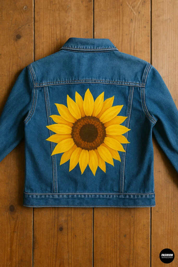 Back view of a completed denim jacket featuring a large, hand-painted sunflower design, laid flat on rustic wooden flooring.