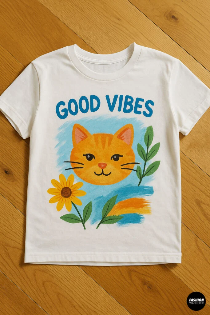 Completed hand-painted white t-shirt with vibrant “Good Vibes” design featuring orange cat, florals, and leaves — dried and laid flat on a wooden floor.