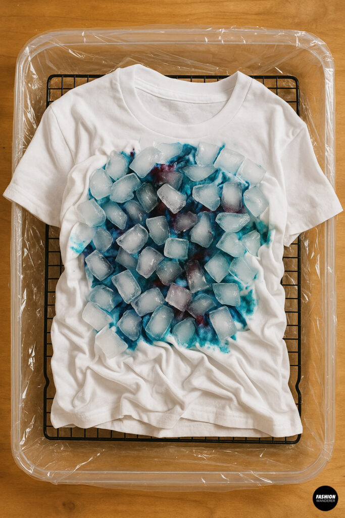 Step-by-step preparation showing a white t-shirt placed flat on a baking tray with a wire rack, covered with evenly distributed ice cubes to start the ice dyeing process.