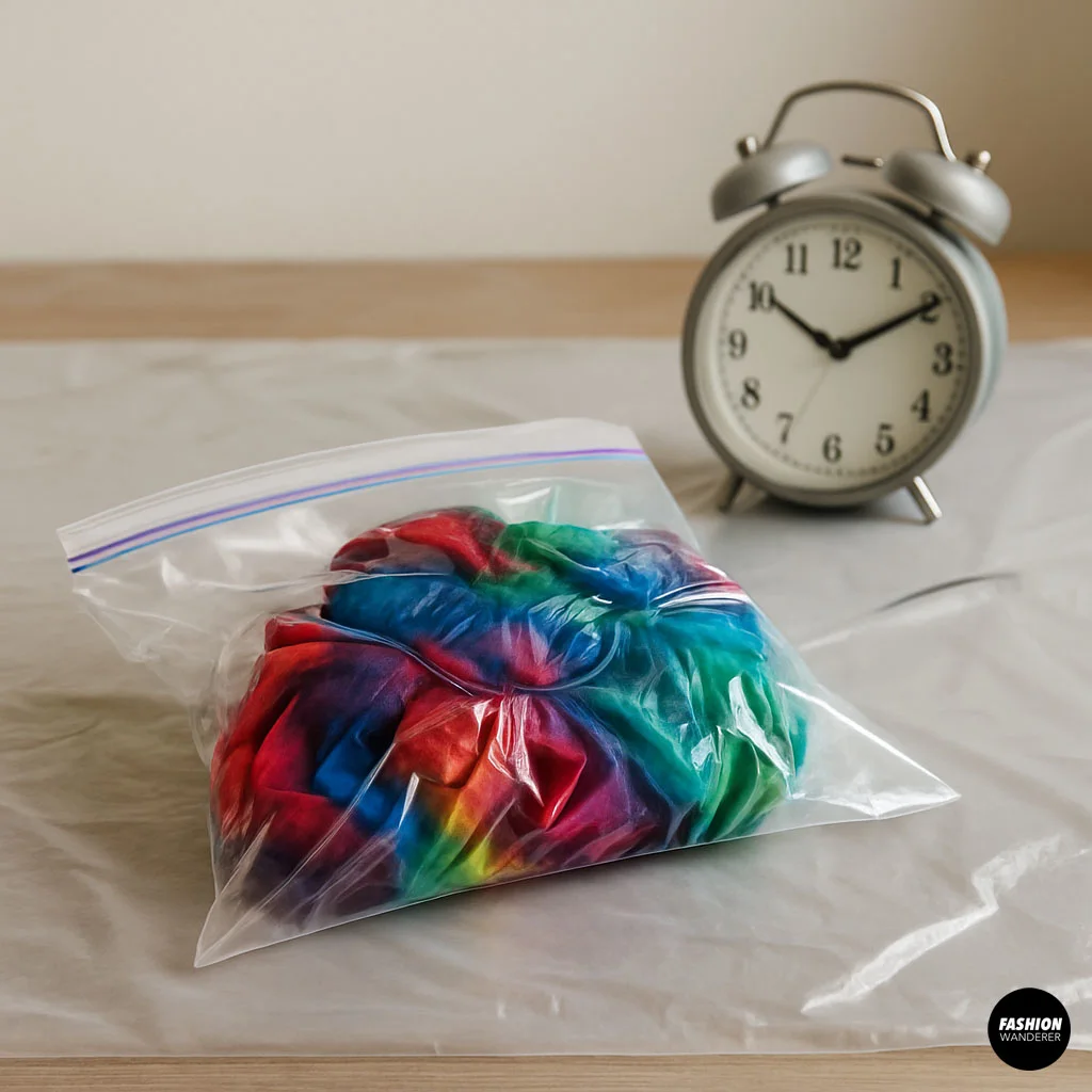 Tie dyed shirt sealed in a ziplock bag next to a clock, allowing the dye to set and absorb into the fabric.