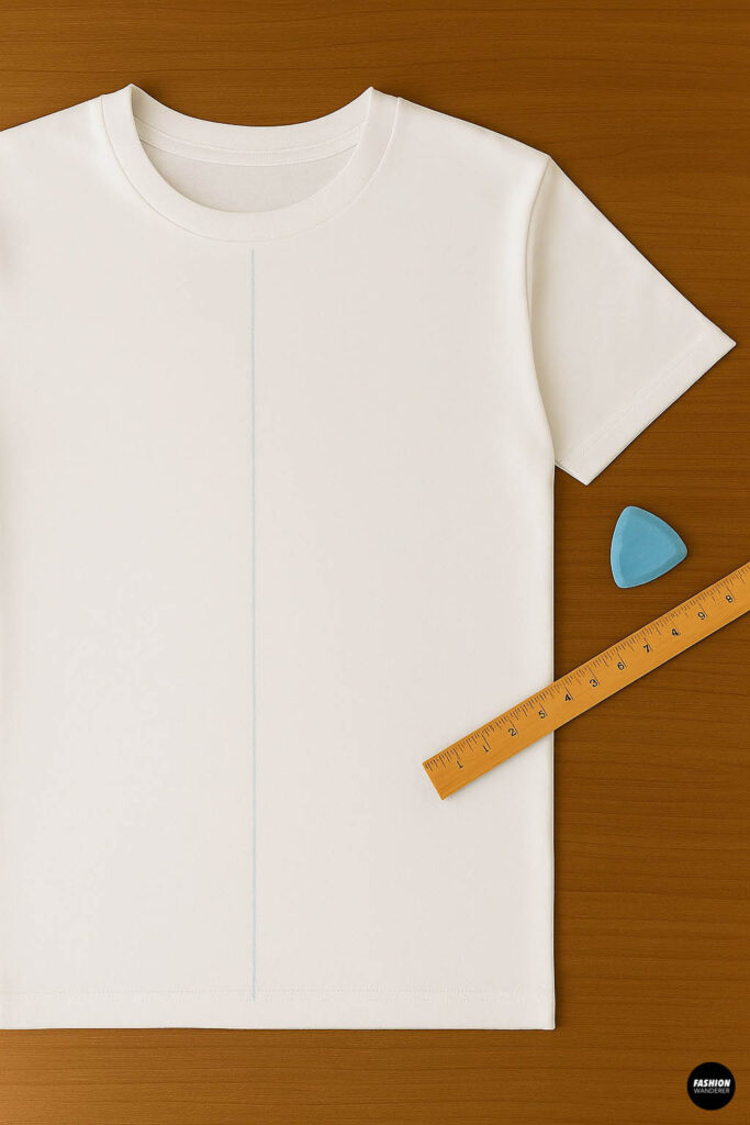 White basic t-shirt with a blue chalk line marked vertically down the center front, ruler and fabric chalk placed on the side.