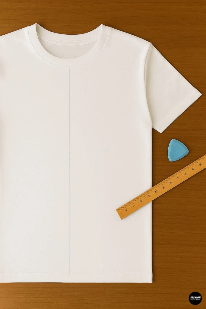 White basic t-shirt with a blue chalk line marked vertically down the center front, ruler and fabric chalk placed on the side.