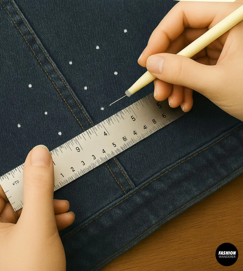 DIY sewing photo showing how to use fabric chalk and a ruler to mark symmetrical dots for embellishment layout on a denim jacket.