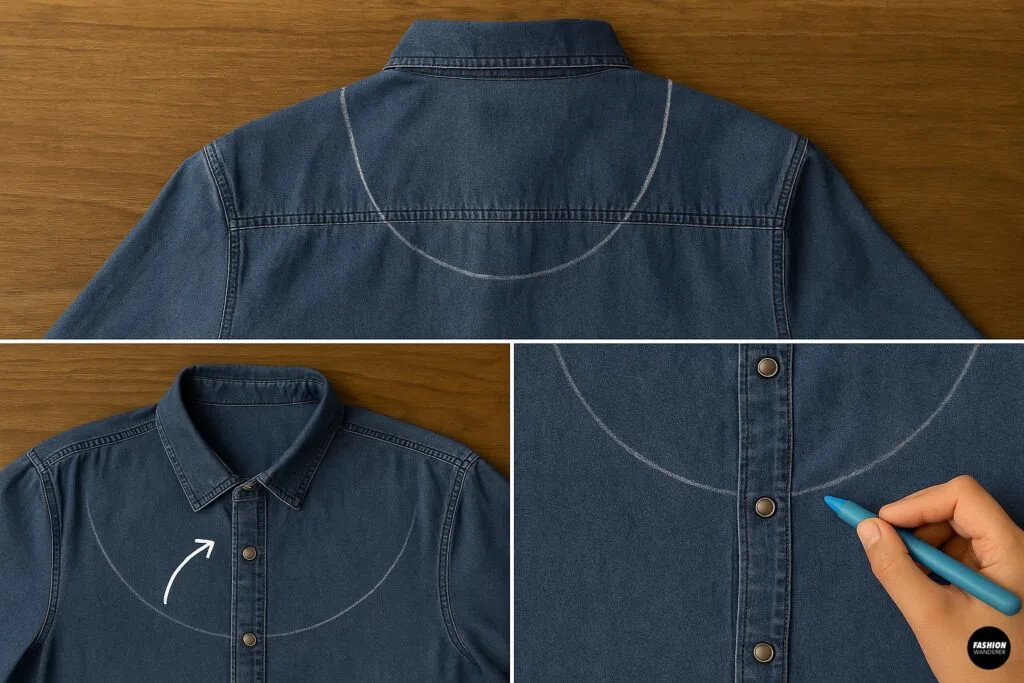 Tailor’s chalk outlines a curved halter neckline across the back and front of a denim shirt, with close-up detail of precise marking for symmetrical shaping.