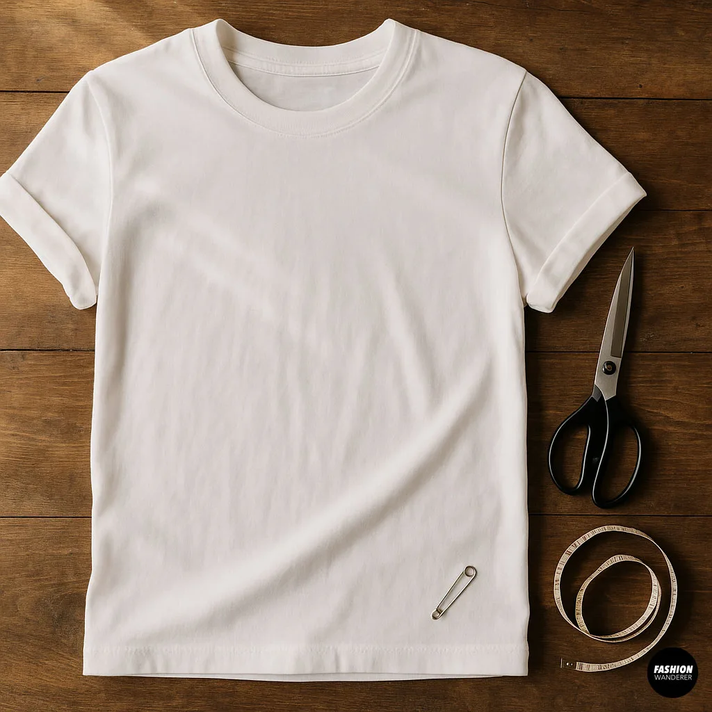 Flat lay photo of a plain white T-shirt with scissors, measuring tape, and safety pin on a wooden table for DIY dog sling project.