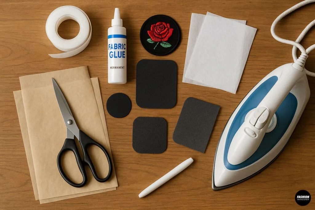 Top-down view of no-sew patch repair materials including fabric glue, scissors, patches, iron, hem tape, and pressing paper on wood table.