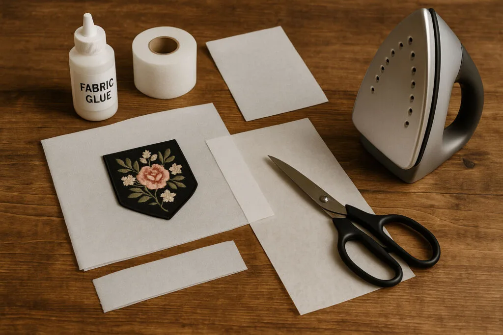 Top-down image of no-sew shirt repair supplies including fabric glue, fusible interfacing, floral patch, scissors, and iron on a wooden surface.