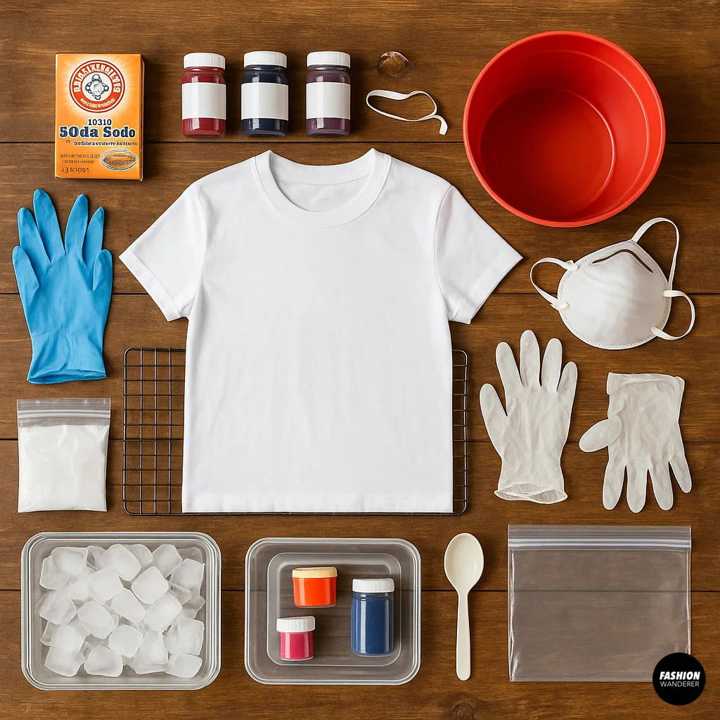 Flat lay of all supplies for ice dyeing t-shirts including rubber gloves, fabric dye powders, baking soda, bucket of water, face mask, plastic spoon, and a white cotton t-shirt laid on a baking rack.