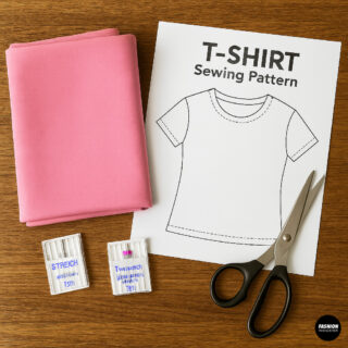 Flatlay of folded pink cotton jersey, printed T-shirt sewing pattern, two packs of stretch sewing machine needles, and sharp fabric scissors on a wooden table.