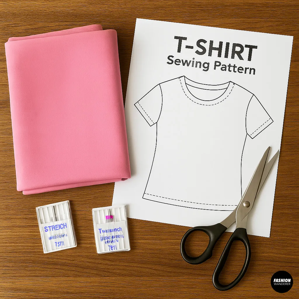 Flatlay of folded pink cotton jersey, printed T-shirt sewing pattern, two packs of stretch sewing machine needles, and sharp fabric scissors on a wooden table.