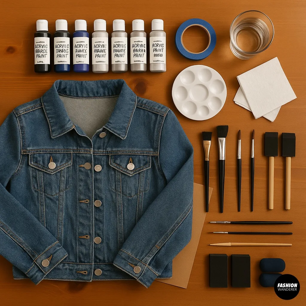Top-down flat lay of pre-washed denim jacket with fabric paints in black, white, navy, purple, silver, metallics; fine and medium paintbrushes; sponges; chalk; painter’s tape; palette; water and paper towels; cardboard insert.