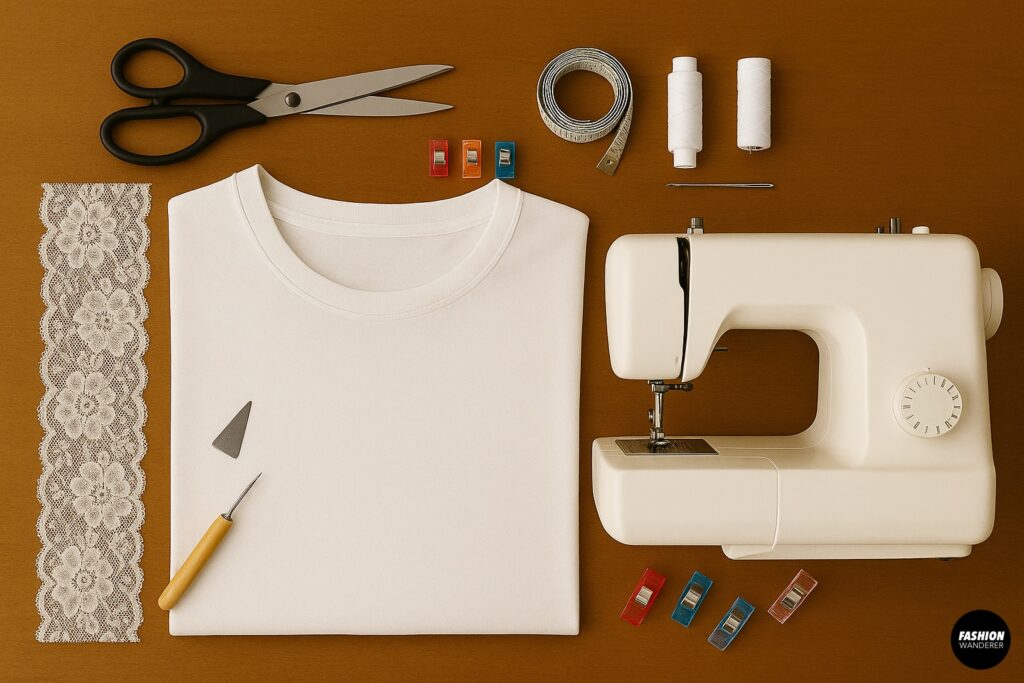 Realistic top-down flatlay of lace sewing supplies on a wooden table, including a white T-shirt, lace trim, scissors, clips, sewing machine, chalk, and measuring tape.